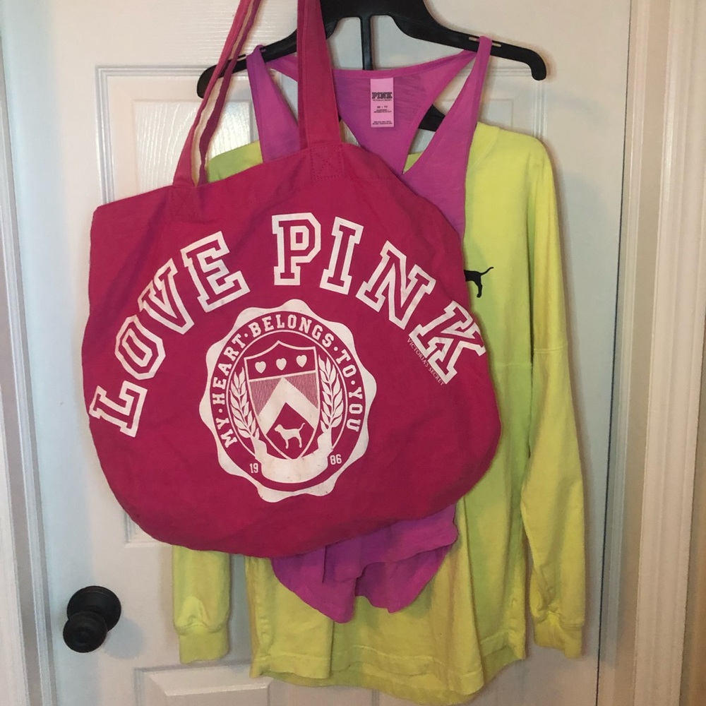 PINK BUNDLE!!! Two pink items and a pink tote! Yellow crew neck and pink tank